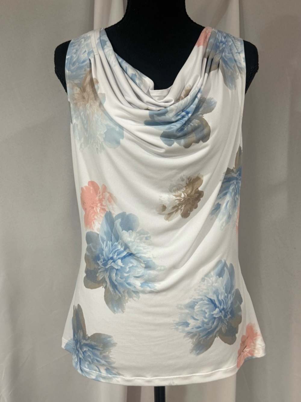 Calvin Klein White Floral Cowl Neck Camisole with Blue, Pink & Tan Blooms